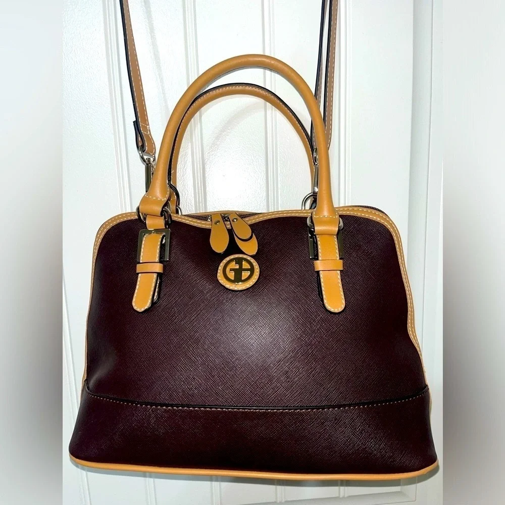 GIANI BERNINI Safiano Dome Satchel, Dark Brown and Tan, includes adjst. Strap - Picture 1 of 15